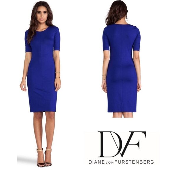 DIANE VON FURSTENBERG Raquel Dress M Tanzanite Blue Sheath Midi Office Cocktail - Picture 1 of 13